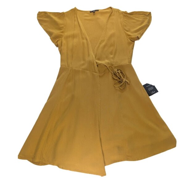 Lulus Harbor Point Mustard Yellow Flutter-Sleeve Mini Wrap Dress — Size M - Picture 1 of 12